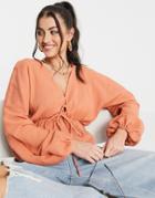 Asos Design Natural Crinkle Lace Up Front Top In Terracotta-multi