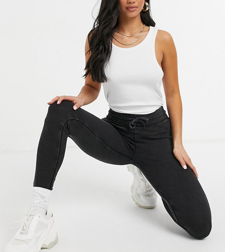 Asos Design Petite Rib Legging In Acid Wash With Tie Waist In Charcoal-grey