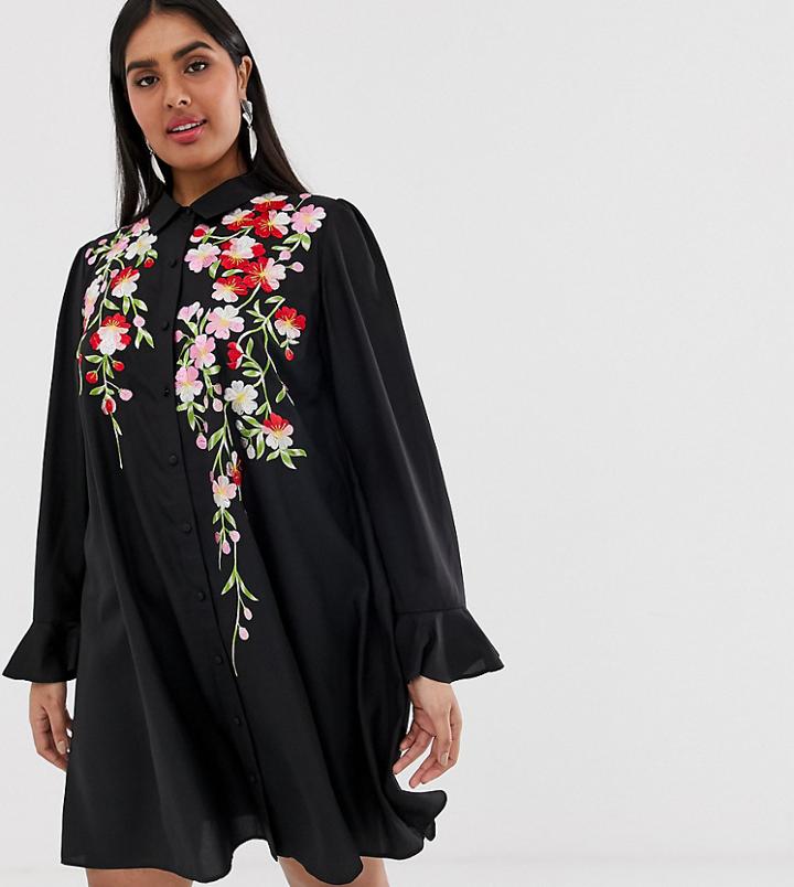 Asos Design Curve Embroidered Swing Mini Shirt Dress-black