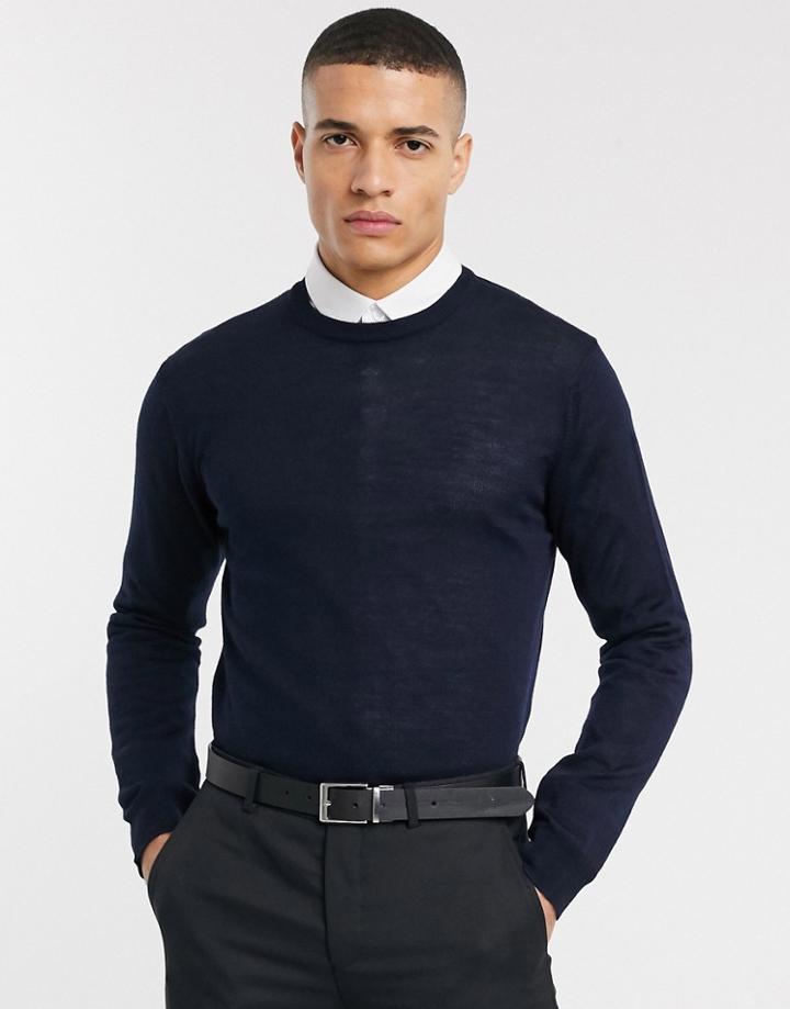 Moss London Crew Neck Merino Sweater In Navy