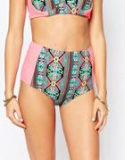 South Beach Geo Print High Waisted Bikini Bottoms With Neon Contrast - Neon Multi