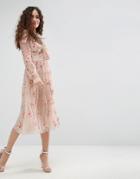 Needle & Thread Floral Embellished Long Sleeve Dress With Tie Neck - Pink