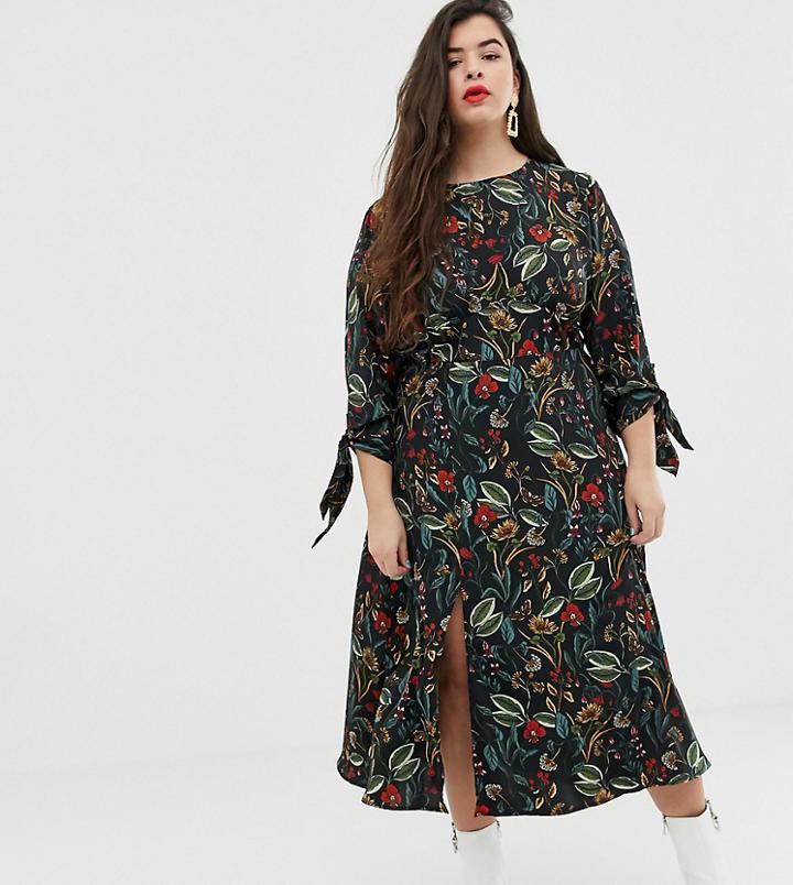Neon Rose Plus Midaxi Tea Dress With Tie Cuffs And Side Split In Botanical Floral Print - Navy