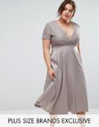 Truly You Lace Bardot Full Skirt Midi Dress - Gray