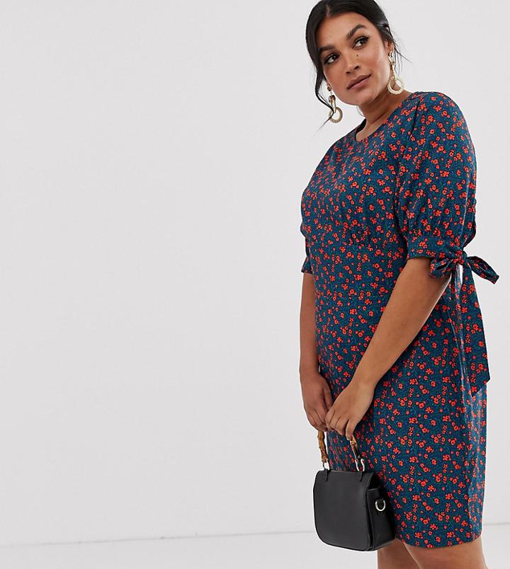 Fashion Union Plus Mini Tea Dress With Tie Sleeves-navy