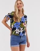 Vero Moda Tropical Linen Button Through Blouse-navy