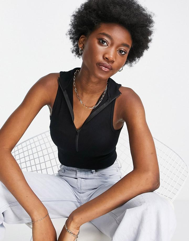 Stradivarius Half Zip Detail Ribbed Seamless Tank In Black
