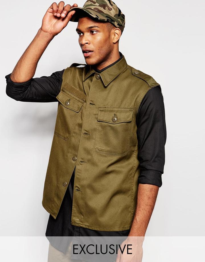 Reclaimed Vintage Sleeveless Military Shirt - Khaki