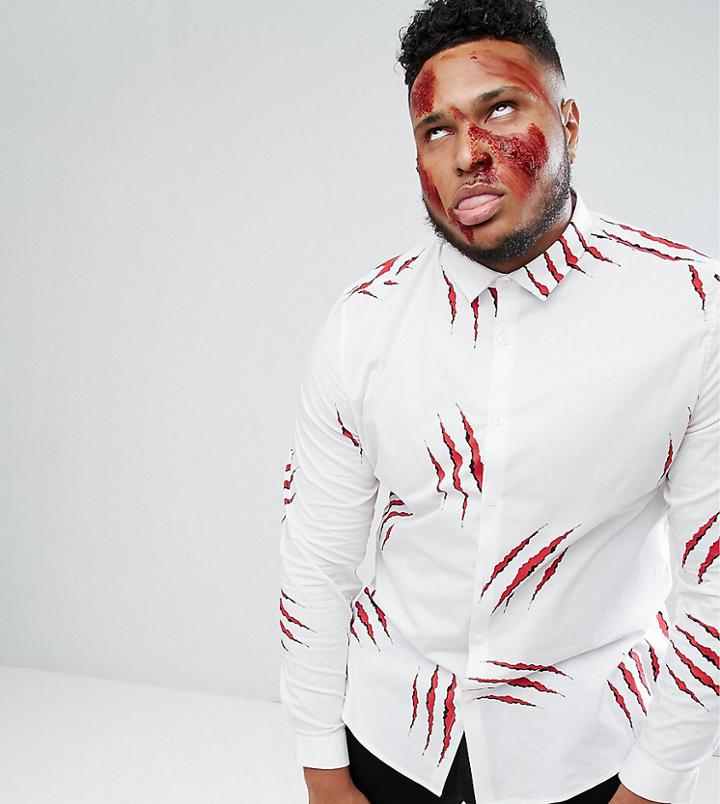 Asos Plus Halloween Stretch Slim Shirt With Claw Print - White