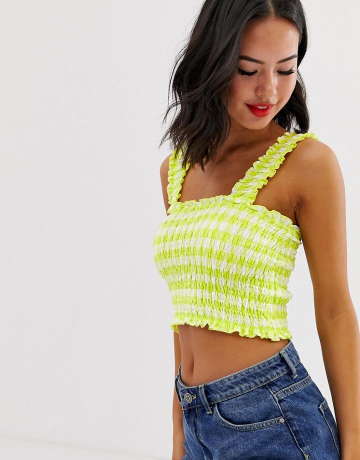 Miss Selfridge Shirred Crop Top In Green Gingham
