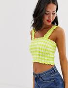 Miss Selfridge Shirred Crop Top In Green Gingham