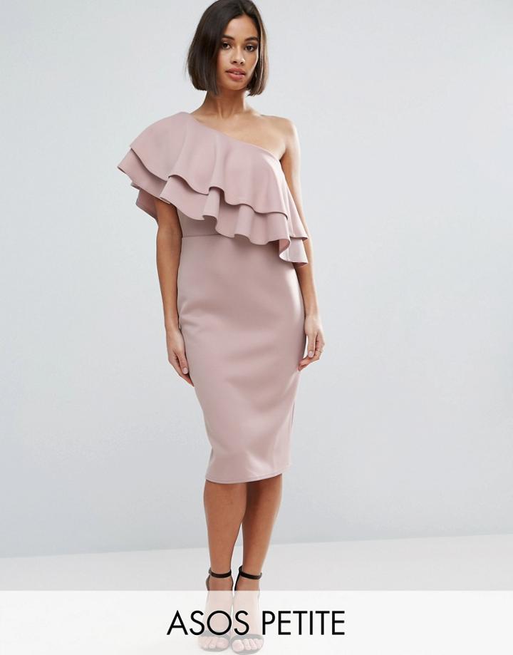Asos Petite One Shoulder Double Ruffle Midi Bodycon Dress - Brown
