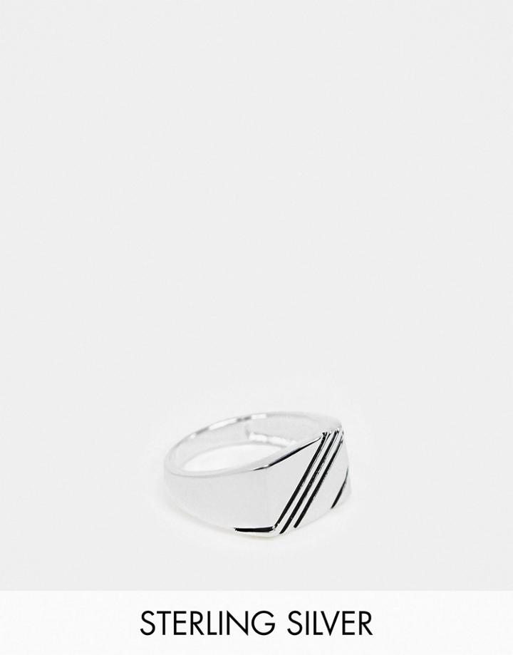 Asos Design Sterling Silver Signet Ring With Contrast Design In Silver