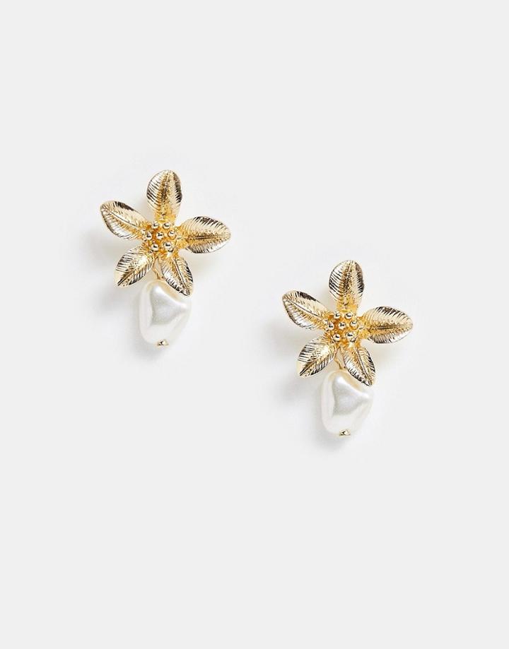 Asos Design Earrings With Floral Stud And Faux Fresh Water Pearl Drop In Gold Tone - Gold
