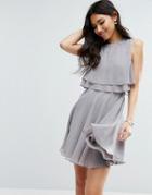 Asos Embellished Trim Double Ruffle Crop Top Skater Dress - Gray