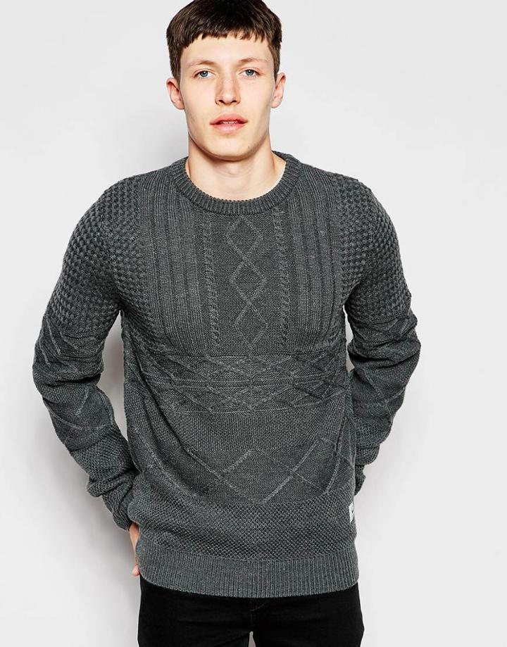 Bellfield Contrast Cable Knit Sweater - Charcoal
