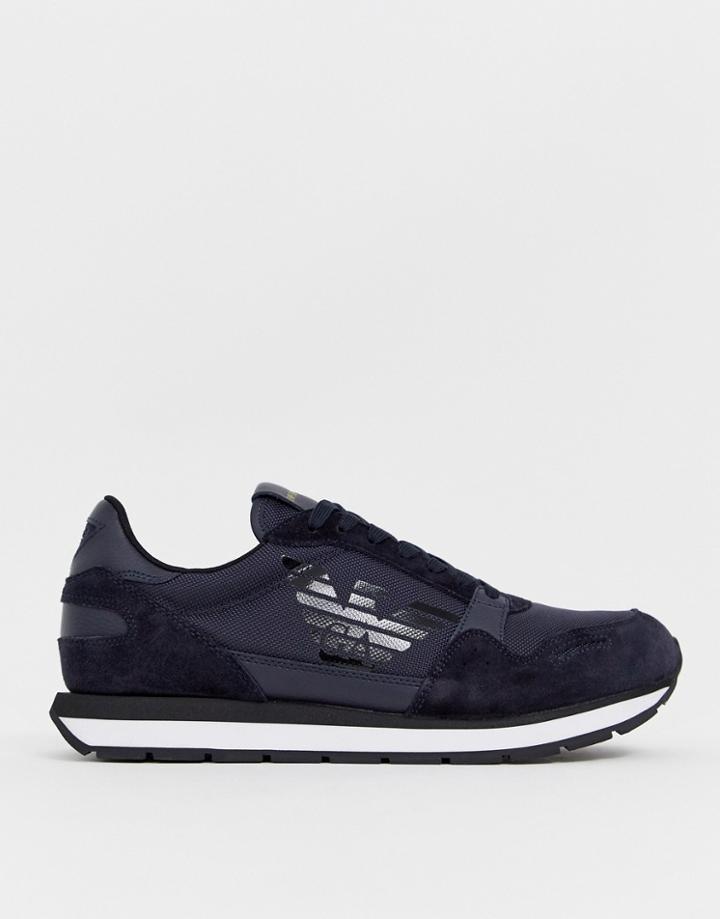 Emporio Armani Eagle Logo Suede Mix Sneakers In Navy - Navy