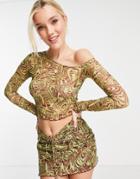 Pull & Bear Asymmetric Off-the-shoulder Long Sleeve Retro Print Top In Green