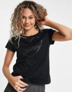 Love Moschino Pearl Trim Glitter Logo T-shirt In Black