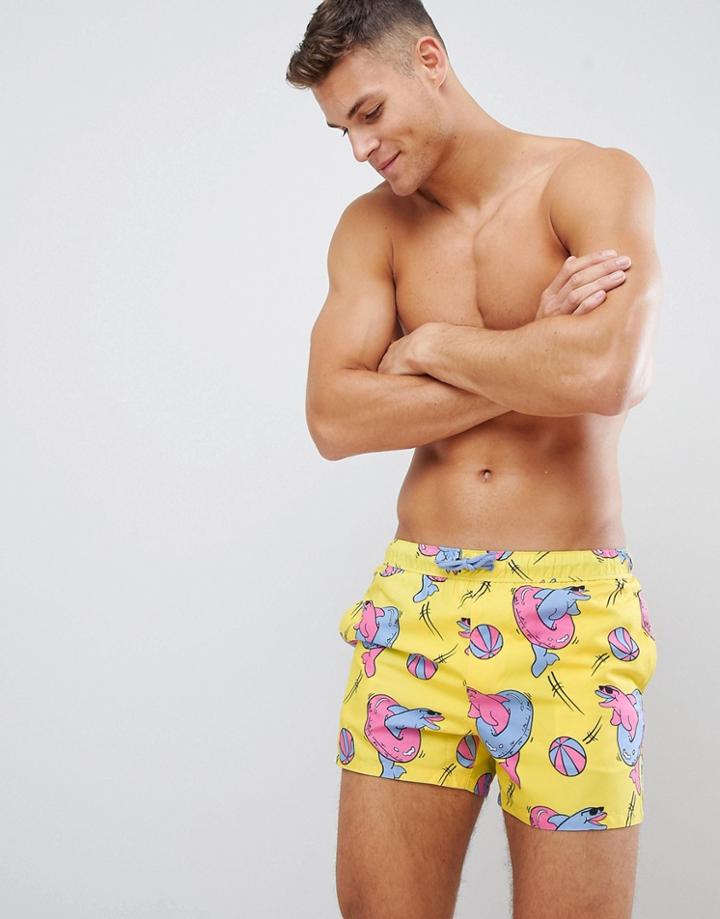 Asos Design Swim Shorts In Dolphin Rubber Ring Print In Short Length-yellow