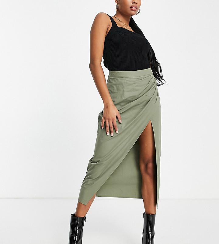 Asos Design Petite Cotton Midi Skirt With Side Ruched Split In Khaki-green