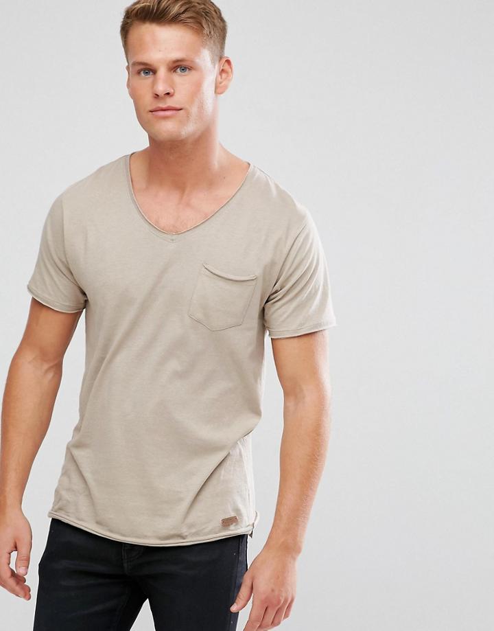 Brave Soul Basic Raw Edge V Neck T-shirt - Stone