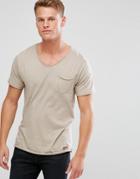 Brave Soul Basic Raw Edge V Neck T-shirt - Stone