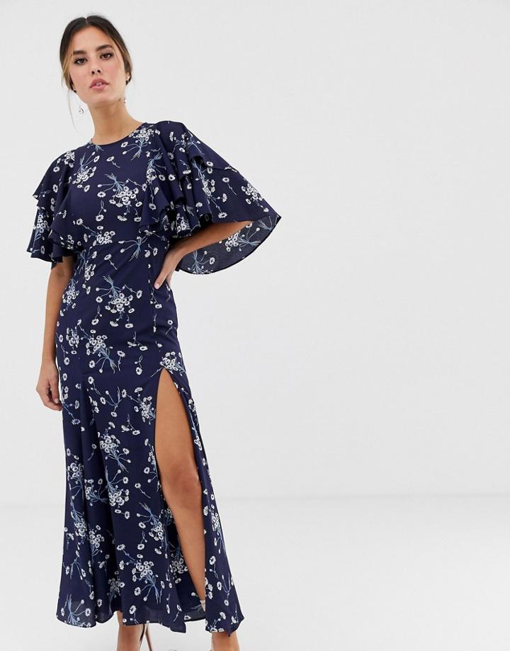 Liquorish Midi Dress With Flutter Sleeve In Navy Floral Print - Navy