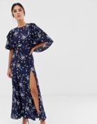 Liquorish Midi Dress With Flutter Sleeve In Navy Floral Print - Navy