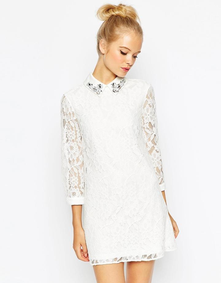 Asos Lace Shift Dress With Embellished Collar - Cream