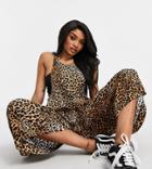 Asos Design Petite Tie Side Overalls In Natural Animal Print-multi