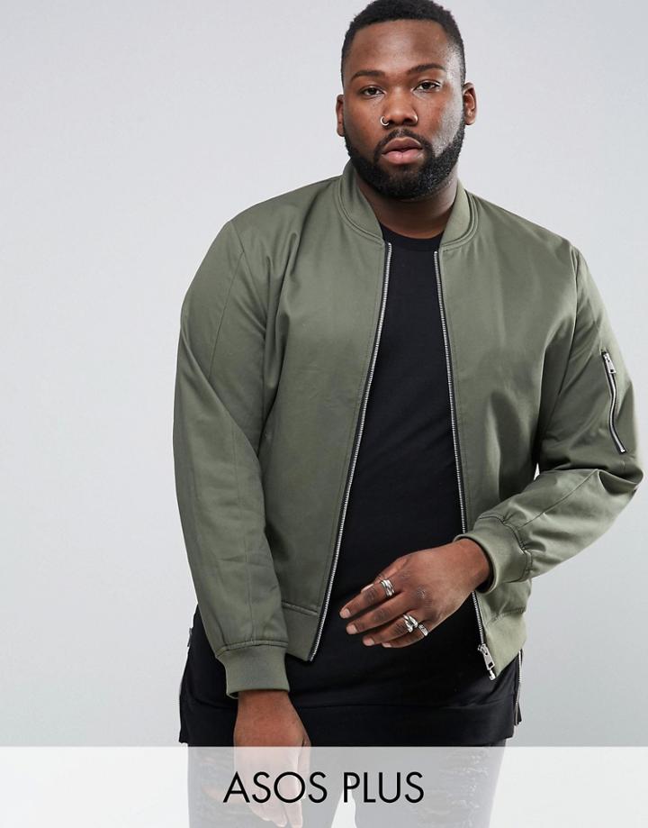 Asos Plus Bomber Jacket With Sleeve Zip In Khaki - Green