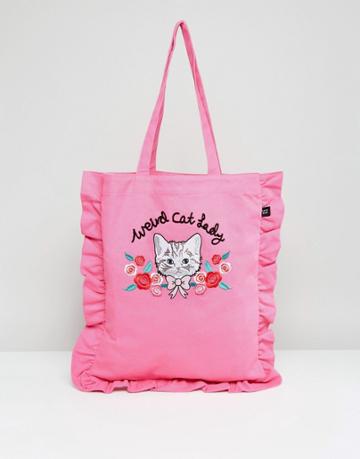 Lazy Oaf Cat Lady 3d Embroidered Frill Edge Tote Bag - Pink