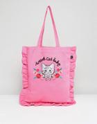Lazy Oaf Cat Lady 3d Embroidered Frill Edge Tote Bag - Pink
