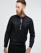Asos Regular Fit Sheer Cotton Shirt In Longline With V Neck - Black