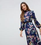 Boohoo Exclusive Lace Insert Open Back Midi Dress In Blue Floral - Multi