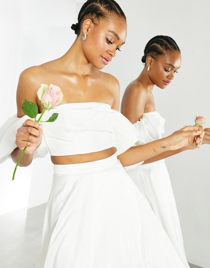 Asos Edition Satin Bandeau Crop Top With Puff Sleeve In Ivory-pink
