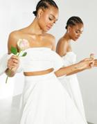 Asos Edition Satin Bandeau Crop Top With Puff Sleeve In Ivory-pink