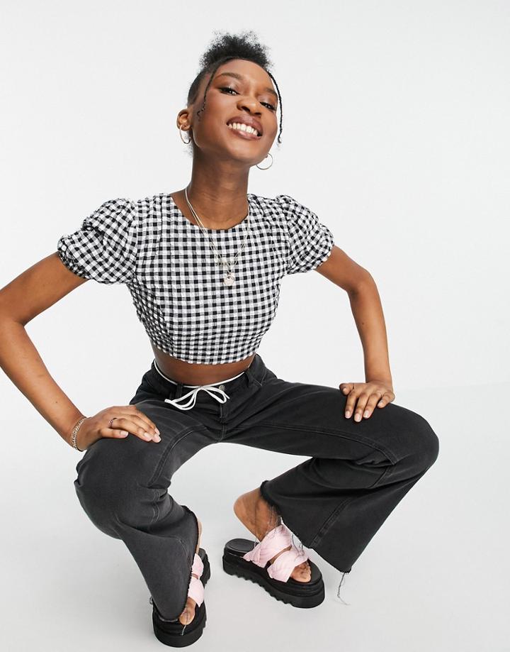 Bershka Cropped Blouse With Lace Up Back In Mono Gingham-multi