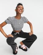 Bershka Cropped Blouse With Lace Up Back In Mono Gingham-multi