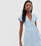 Asos Design Tall Denim Wrap Dress In Lightwash Blue
