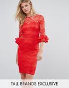 Little Mistress Tall All Over Lace Pencil Dress With Fluted Sleeve Detail - Red