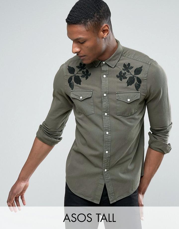Asos Tall Regular Fit Western Denim Shirt With Embroidery - Green
