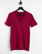 Asos Design Muscle Fit T-shirt With Deep V Neck In Burgundy-red