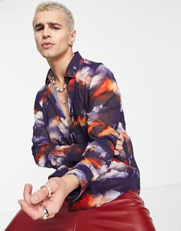 Devil's Advocate Sheer Sky Print Shirt-navy