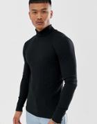 Asos Design Muscle Fit Long Sleeve Roll Neck T-shirt With Stretch In Rib In Black - Black