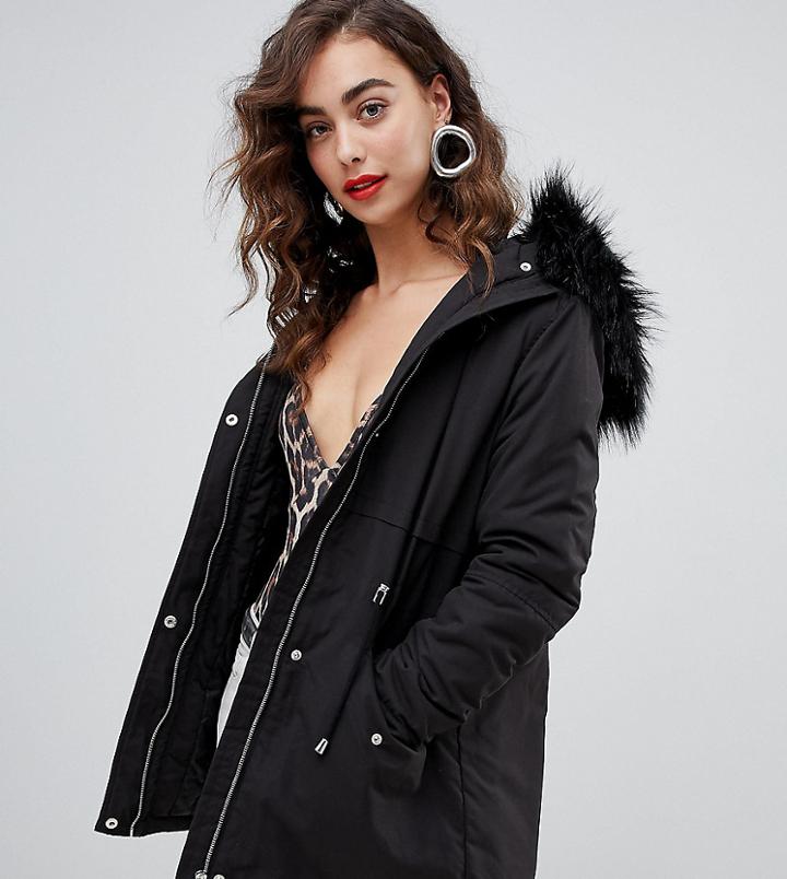 New Look Parka Coat In Black - Black