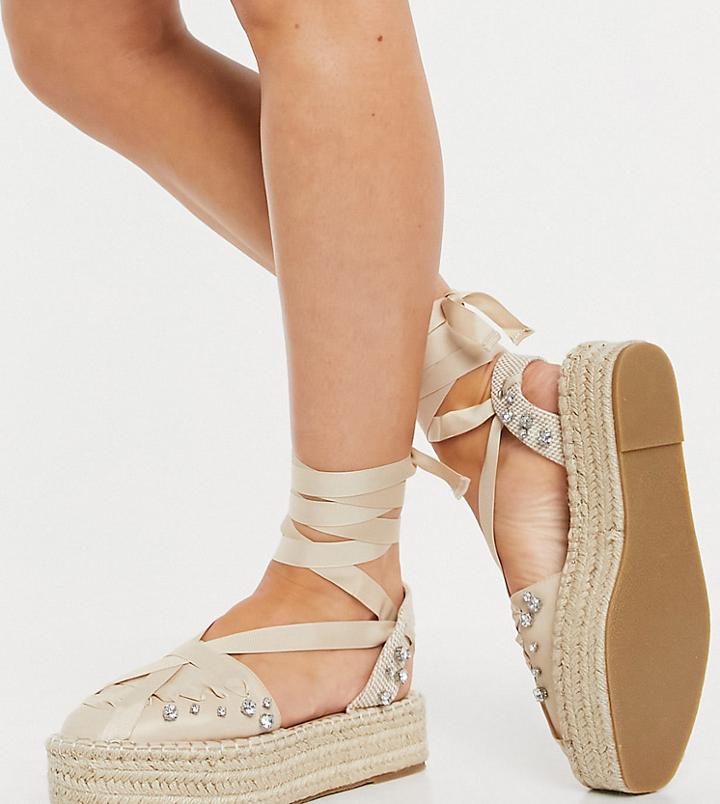 Asos Design Wide Fit Jersey Flatform Espadrilles With Ankle Tie In Beige-neutral