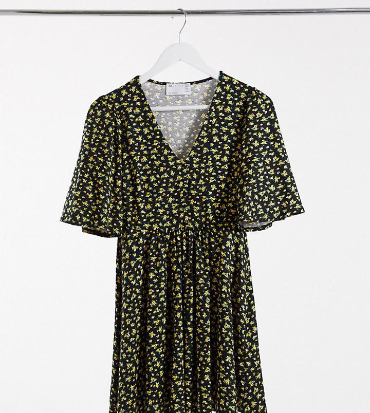Asos Design Petite Mini Swing Dress In Black And Yellow Floral Print