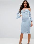 Asos Lace Tie Fluted Sleeve Midi Dress - Blue